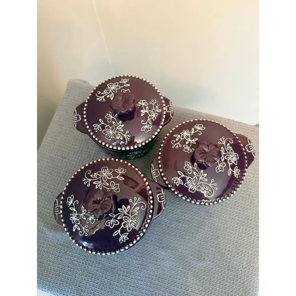 NewTemp-tations Set Of 3 Floral Lace Mini Pot Crock Covered Ramekin W/ Lids 8 oz